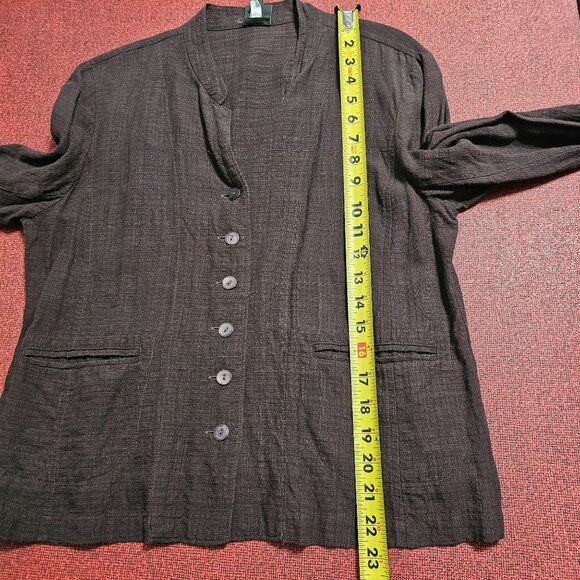 Eileen Fisher Linen Blend Button Up Blouse Sz M Dark Brown Pockets Minimalist - Picture 10 of 10